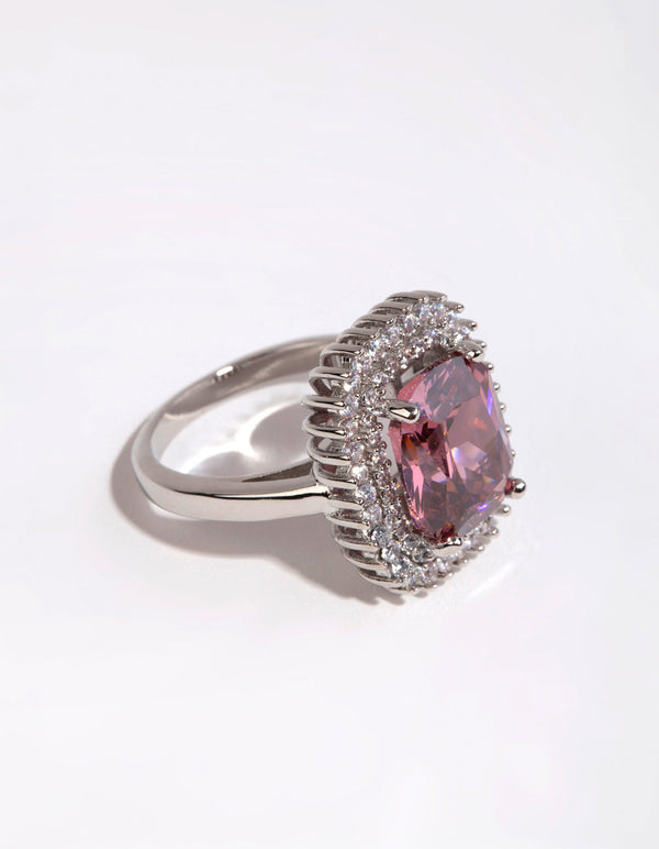 Rhodium Cushion Pink Cubic Zirconia Ring