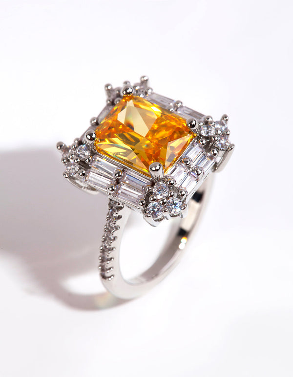 Rhodium Radiant Citrine Cubic Zirconia Ring