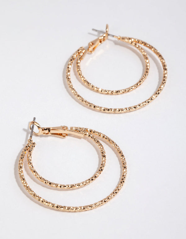 Gold Double Diamond Cut Hoop Earrings