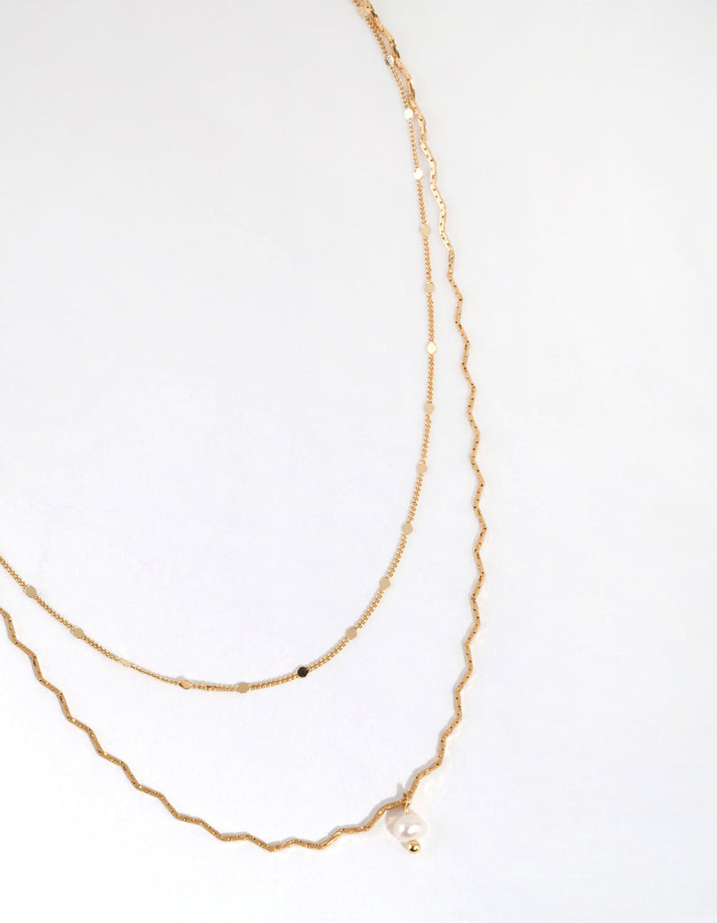 Gold Plated Wave Chain & Freshwater Pearl Layered Necklace