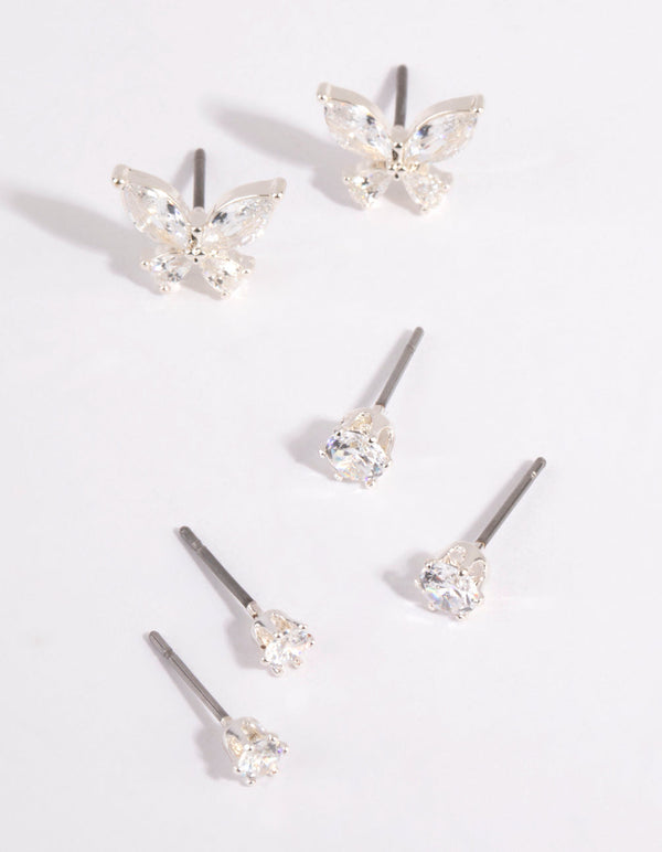 Silver Cubic Zirconia Butterfly Stud Earring Pack