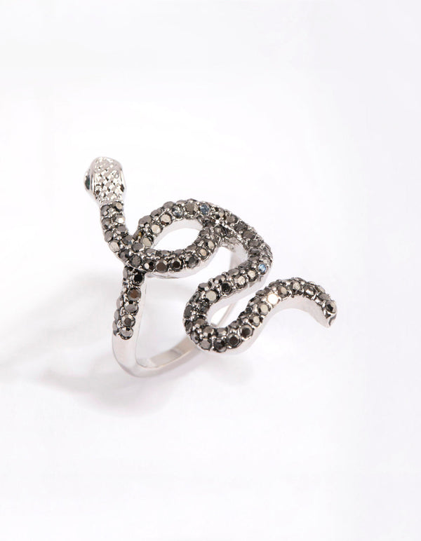 Rhodium Black Diamante Snake Swirl Ring