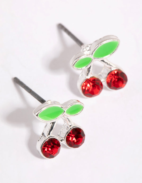 Silver & Red Cherry Stud Earrings