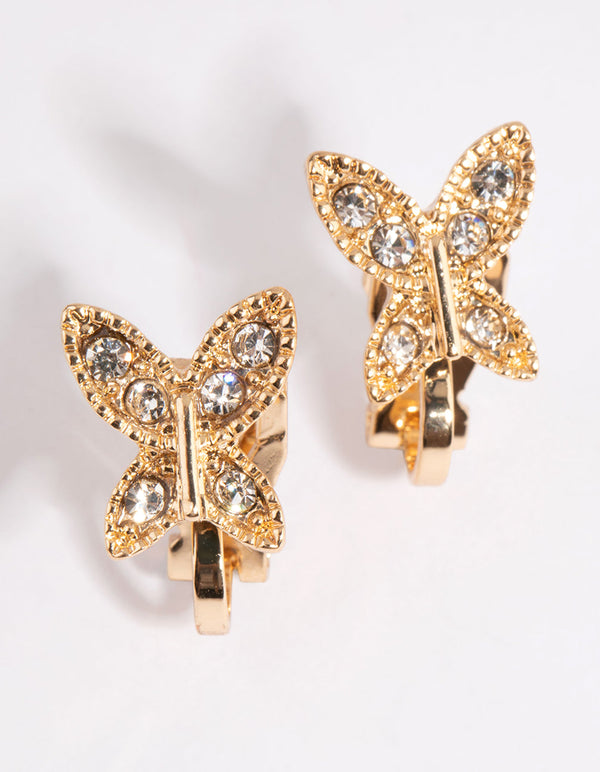 Gold Diamante Butterfly Clip-On Earrings