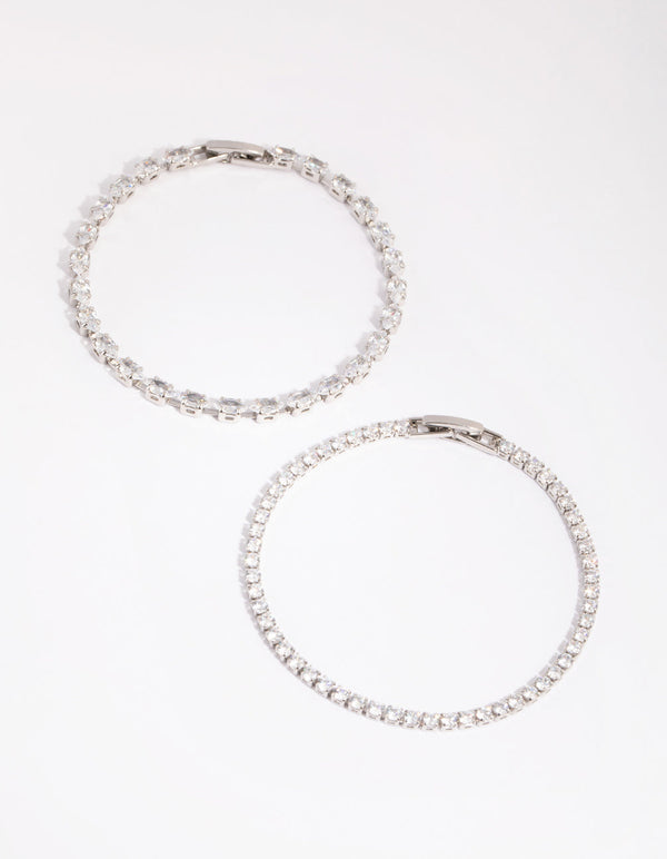 Rhodium Diamond Simulant Mixed Stone Bracelet Set