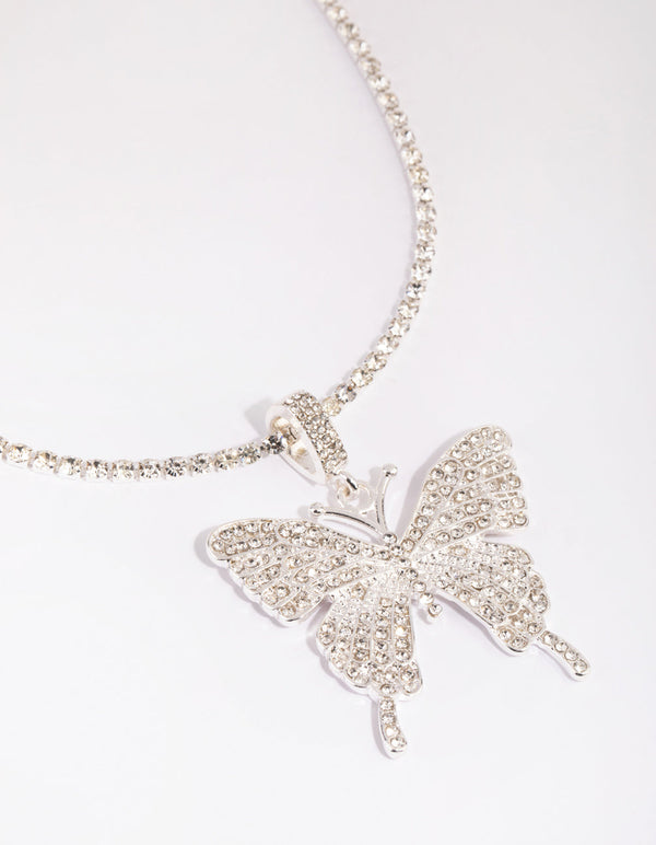 Silver Statement Diamante Butterfly Necklace
