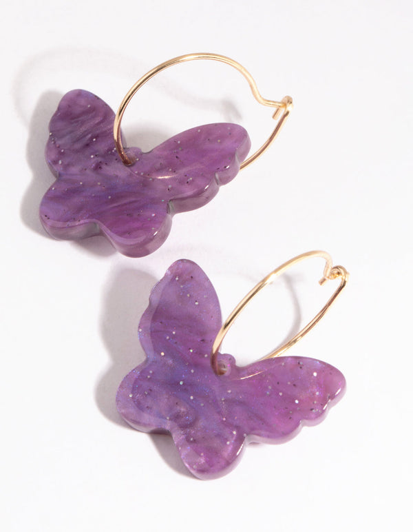 Purple Butterfly Hoop Earrings