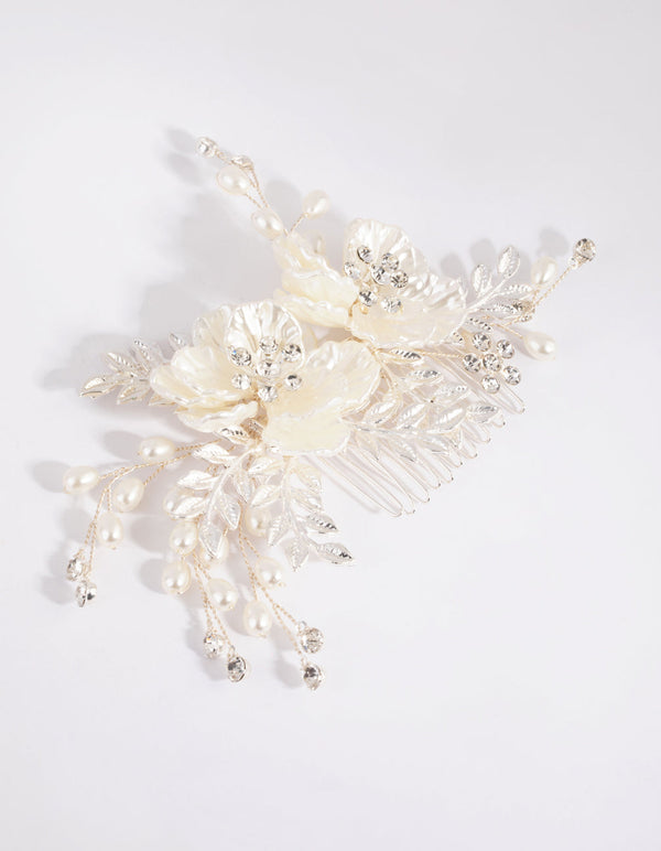 Silver Pearlised Flower Comb