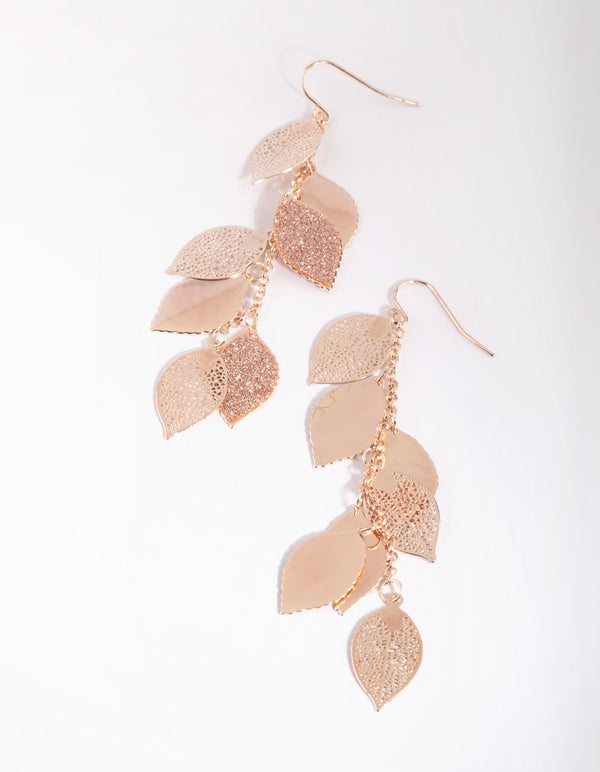Rose Gold Glitter Leaf Cluster Earrings