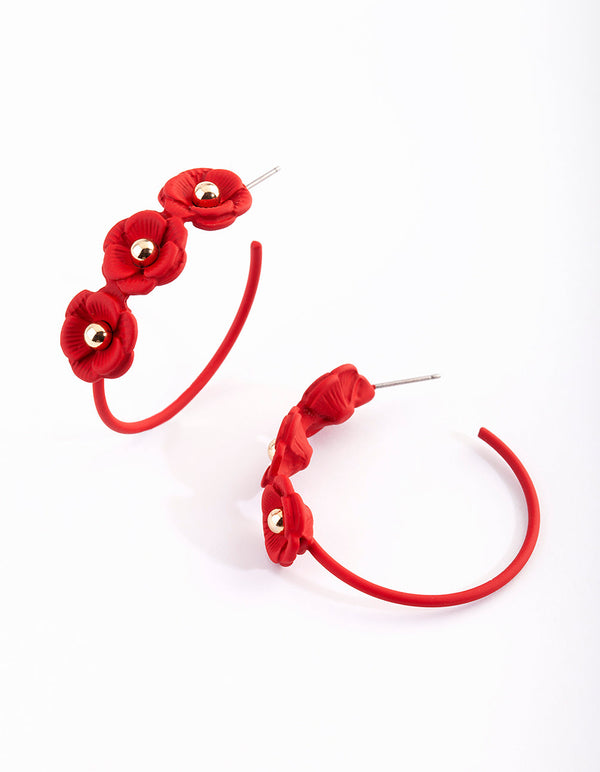 Matte Red Flower Hoop Earrings