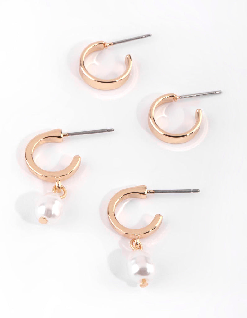 Gold Pearl Huggie Hoop Earring Set