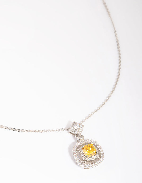 Rhodium Yellow Diamond Simulant Square Pendant Necklace