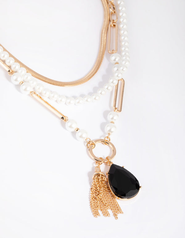 Gold Pearl & Tassel Layered Necklace