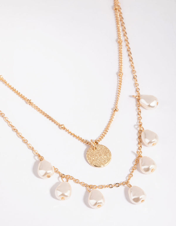 Gold Pearl Droplet Layered Necklace