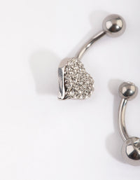 Rhodium Heart & Diamante Belly Ring Set - link has visual effect only