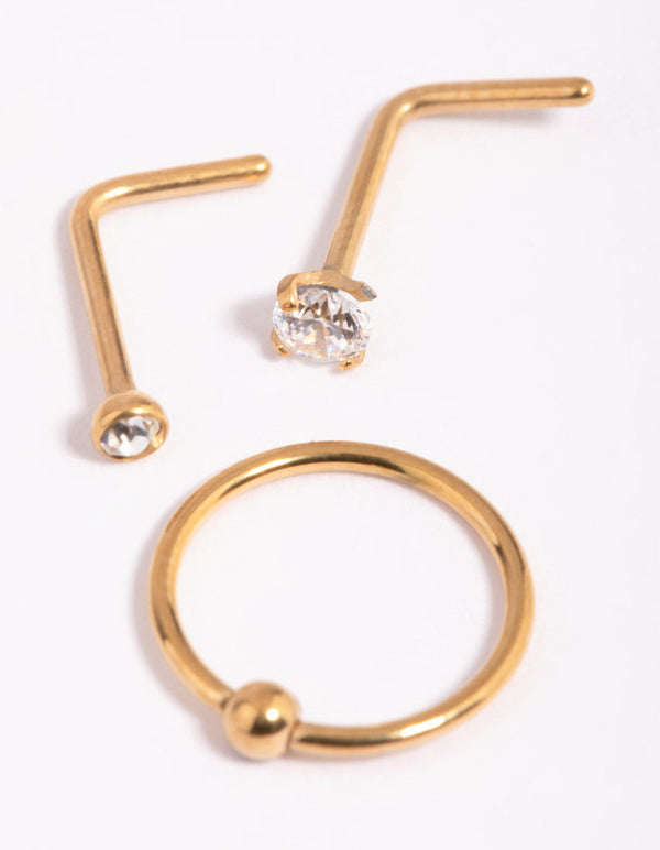 Gold-Plated Titanium Diamante Nose Stud Pack