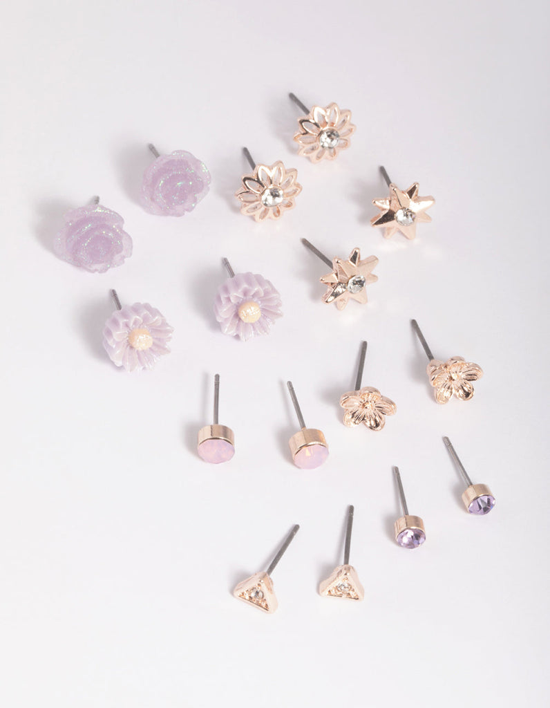 Rose Gold Triangle & Flower Stud Earring 8-Pack