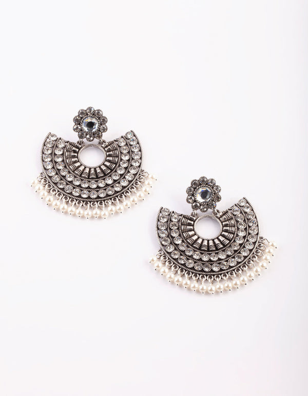 Antique Silver Pearl Bead Chandbali Earrings