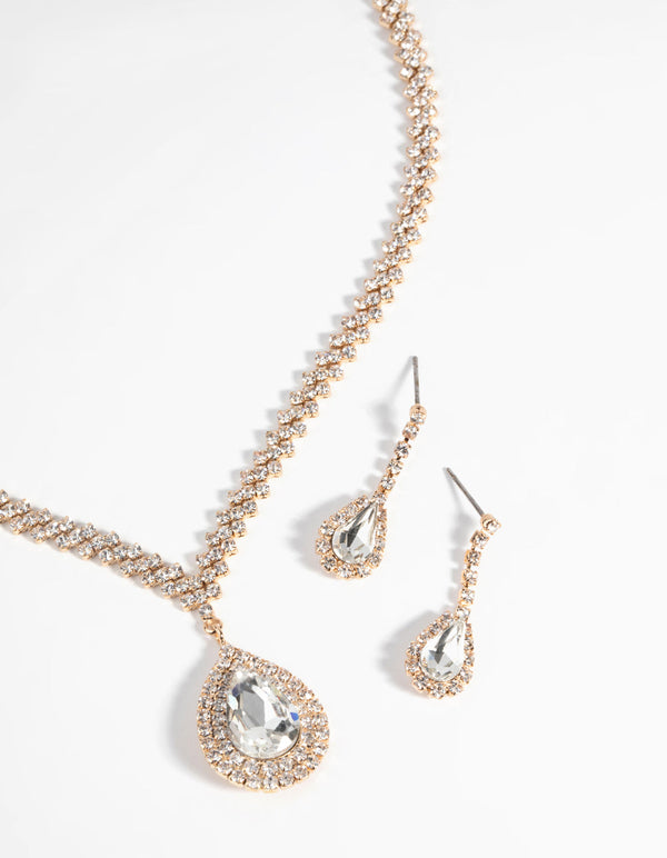 Gold Diamond Simulant Teardrop Necklace & Earrings Set