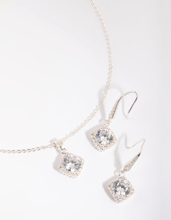 Silver Square Cut Cubic Zirconia Necklace & Earrings Set