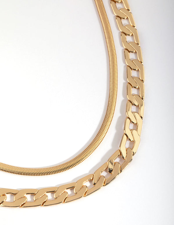 Gold Plated Layered Curb Chain Necklace