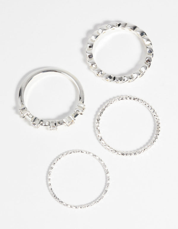 Silver Plated Diamante Ring Pack