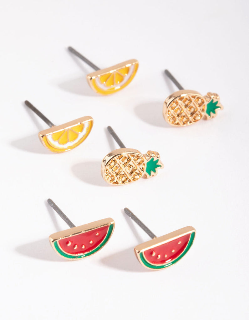 Gold Summer Fruit Stud Earring Pack