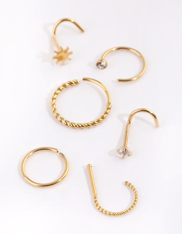Gold Plated Surgical Steel Diamante Twist Nose Stud 6-Pack
