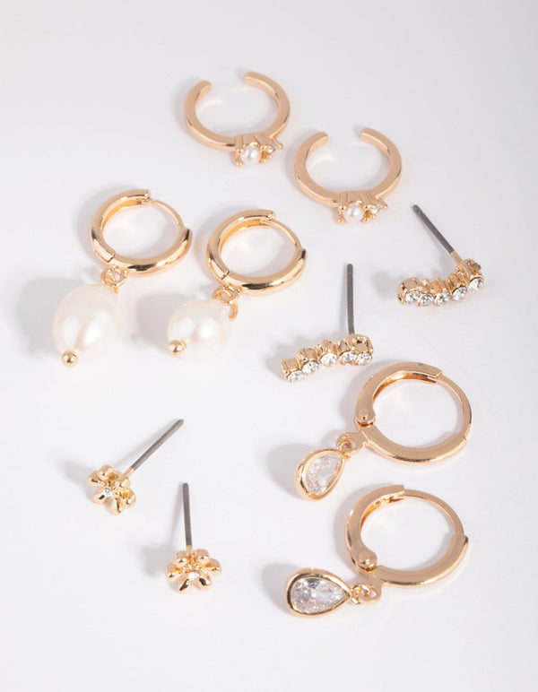 Gold Diamante & Freshwater Pearl Huggie Hoop Earring Stack Pack