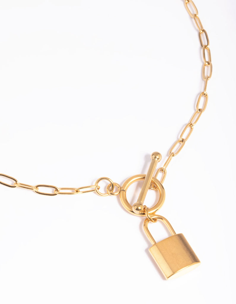 Gold Plated Stainless Steel Padlock Fob Necklace