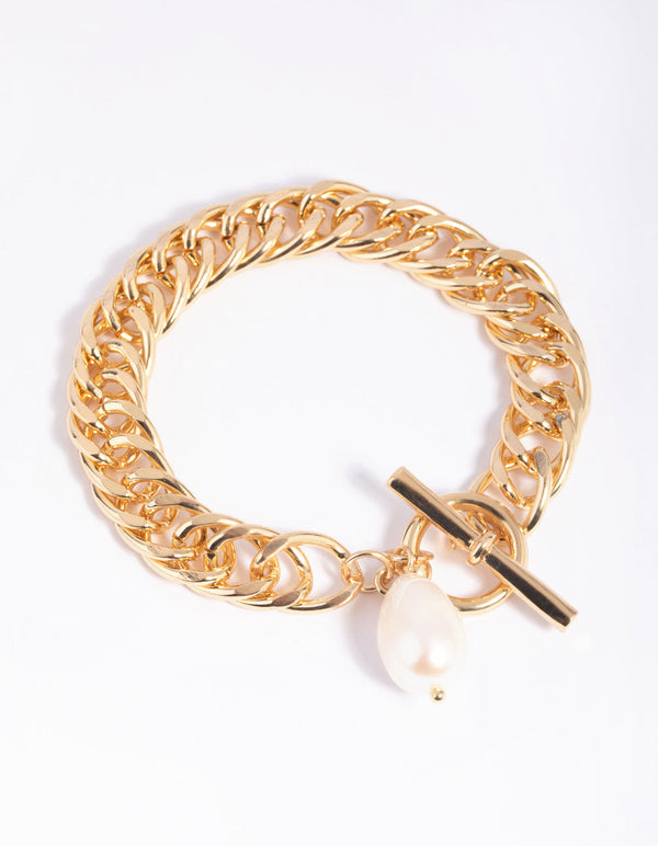 Gold Plated Fob Chain Bracelet with Freshwater Pearl