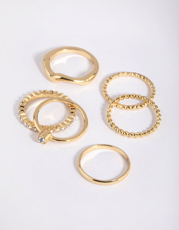 Gold Plated Molten Diamante Ring 6-Pack