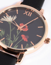 Black Floral PU-Strap Watch - link has visual effect only
