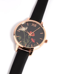 Black Floral PU-Strap Watch - link has visual effect only