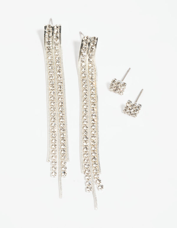 Silver Diamante Stud Earring Set