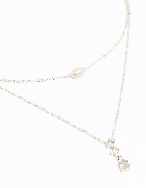 Silver Cubic Zirconia Freshwater Pearl Layered Necklace