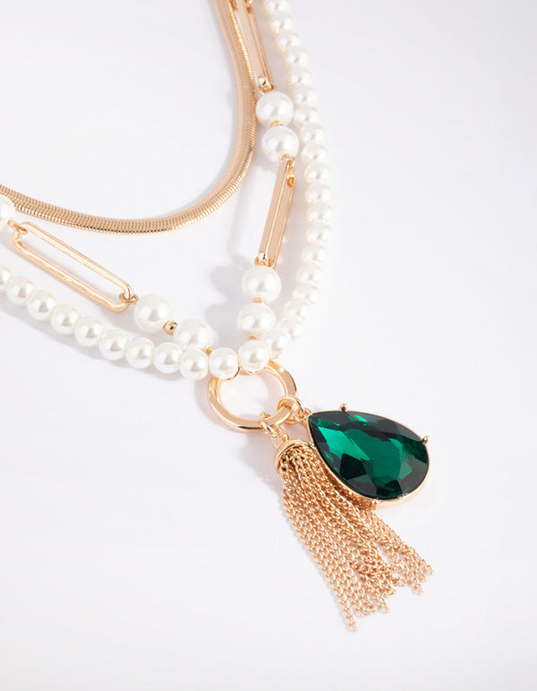 Green Pearl & Tassel Layered Necklace
