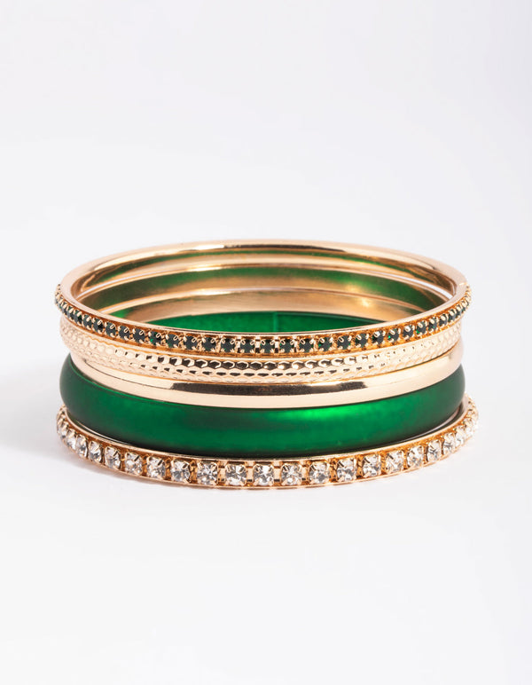 Green Pearlised Diamante Bracelet 5-Pack