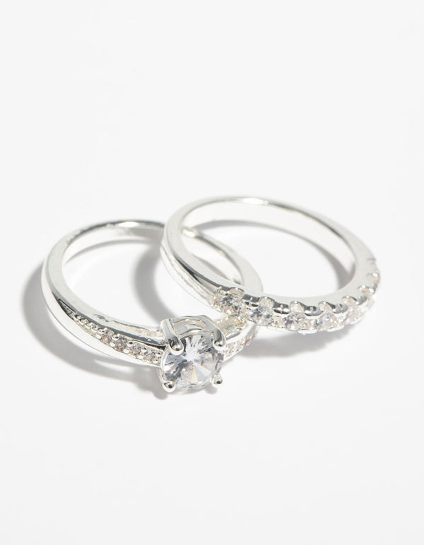 Silver Cubic Zirconia Engagement Ring Set