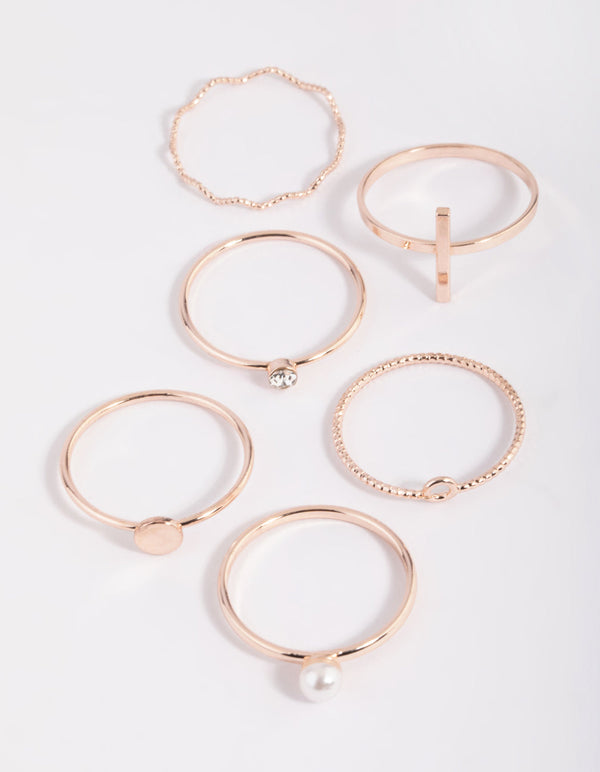 Rose Gold Dainty Pearl Ring Stack 6-Pack