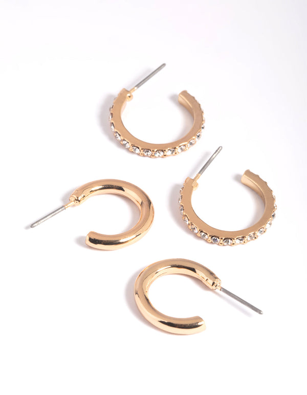 Gold Diamante Huggie Hoop Earring Set