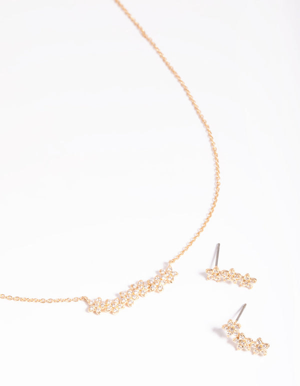 Gold Diamond Simulant Flower Necklace & Earrings Set