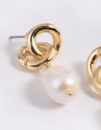 Gold Plated Double Link Freshwater Pearl Earrings - link has visual effect only
