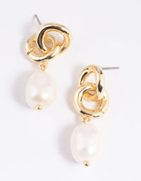Gold Plated Double Link Freshwater Pearl Earrings - link has visual effect only