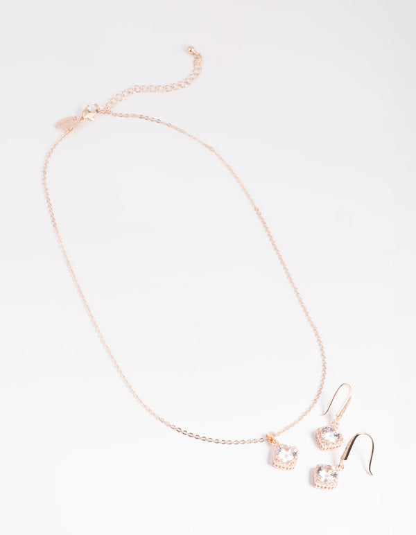 Rose Gold Cubic Zirconia Cushion Necklace & Earrings Set