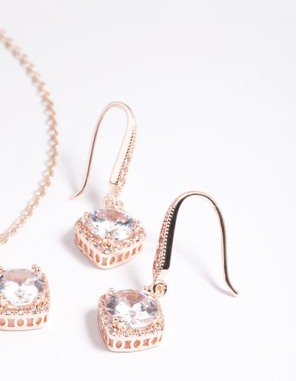 Rose Gold Cubic Zirconia Cushion Necklace & Earrings Set