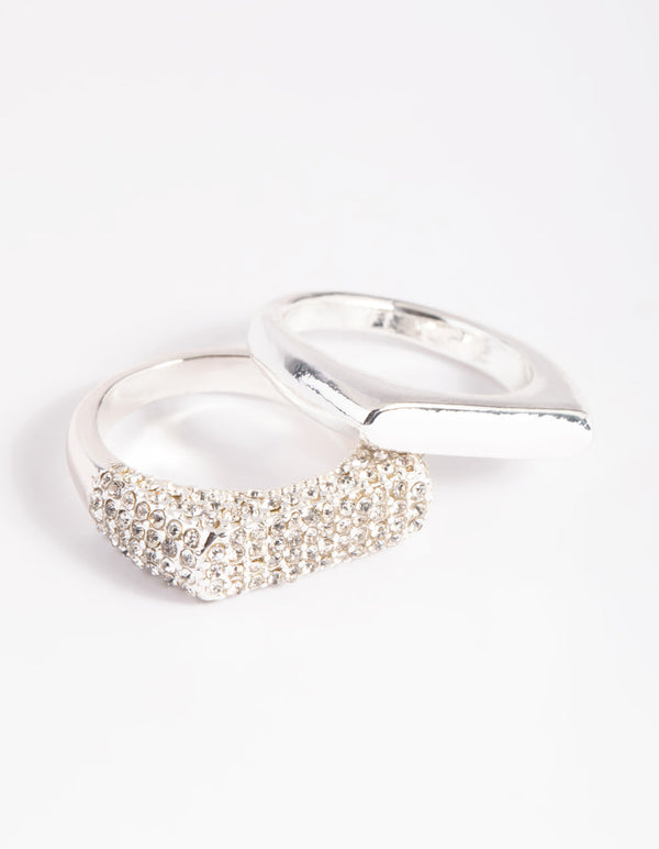 Silver Plated Diamante Smooth Ring Set