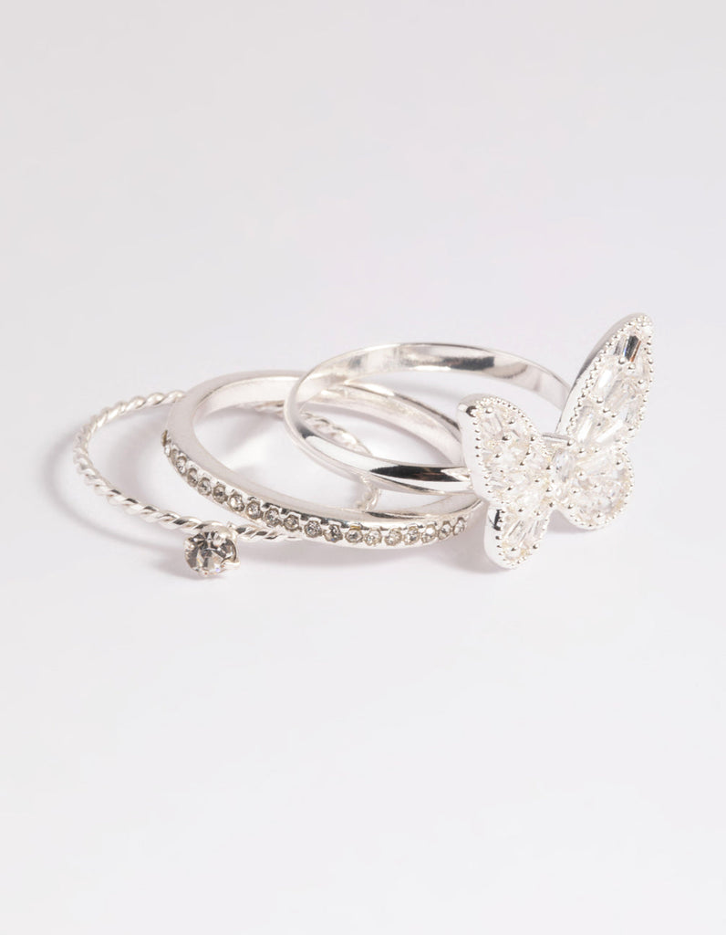 Silver Cubic Zirconia Butterfly Ring Stack Pack