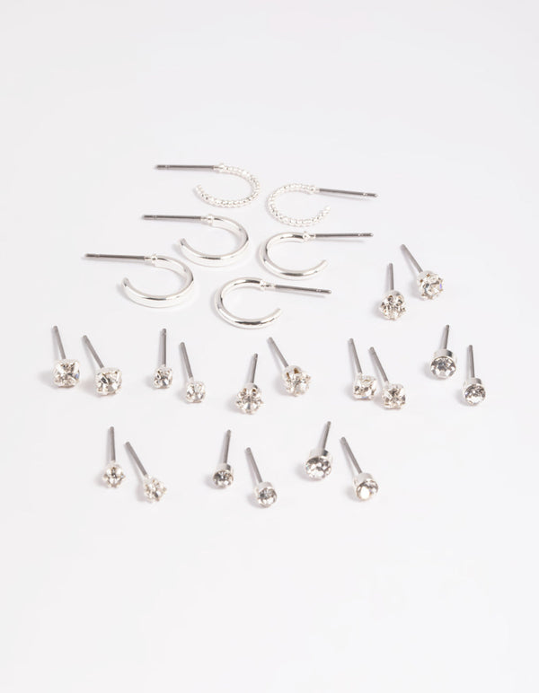 Silver Diamante Stud & Hoop Earring 12-Pack