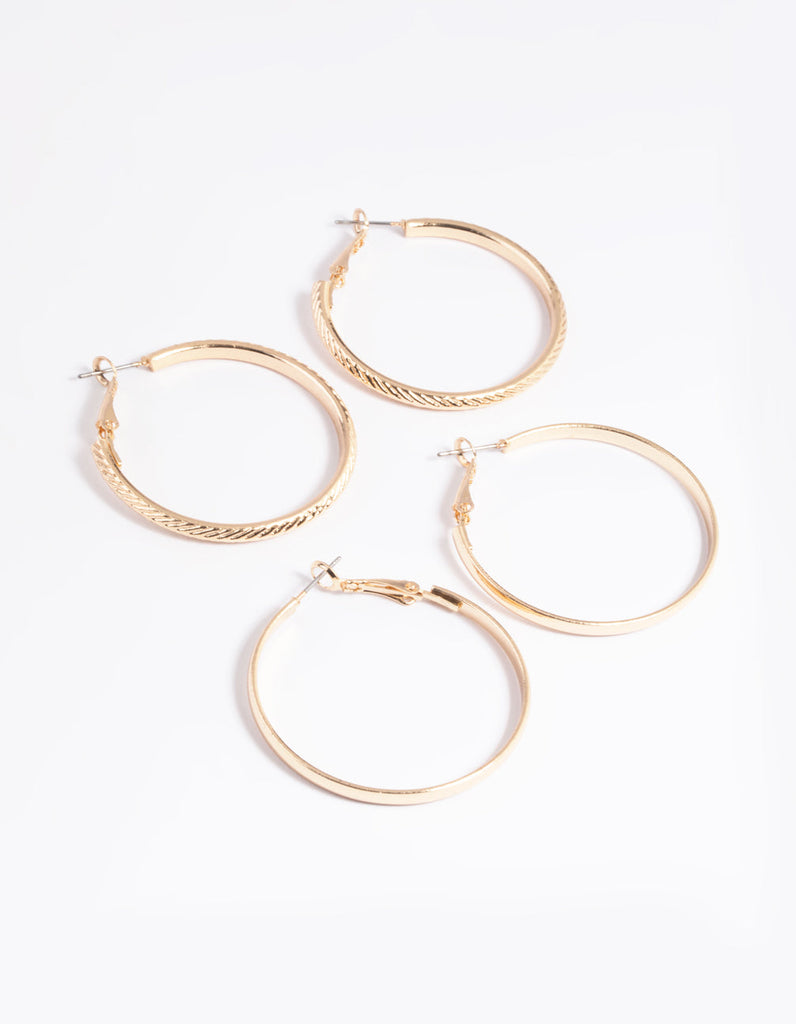 Gold Plain Text Hoop Earrings Set